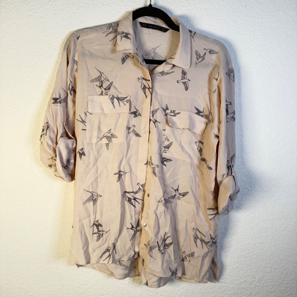 Zara Basic Women's Bird Print Button Down Top Shirt Blouse XS